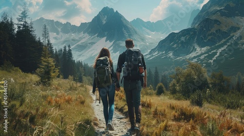 Man and woman hikers trekking in mountains. Young couple walking with backpacks in forest, Tatras in Poland. Old vintage photo style