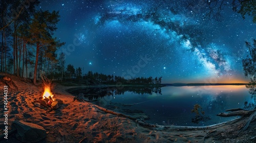 Night camping on shore. campfire under evening sky full of stars and Milky way on blue water and forest background. Outdoor lifestyle concept