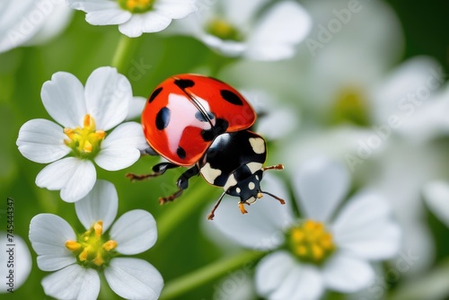 a high quality stock photograph of a single ladybug close up full body isolated on a nature background