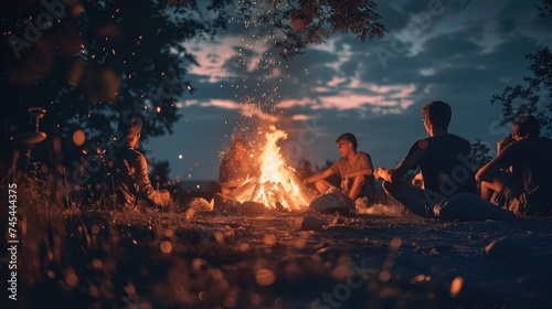 People sit at night round a bright bonfire