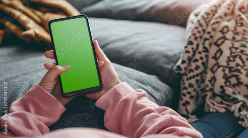 Feminine Hand Holding a Smartphone with Green Screen Mock Up Display. Female is Relaxing on a Couch at Home, Watching Videos and Reading Social Media Posts on Mobile Device. Close Up POV Photo.