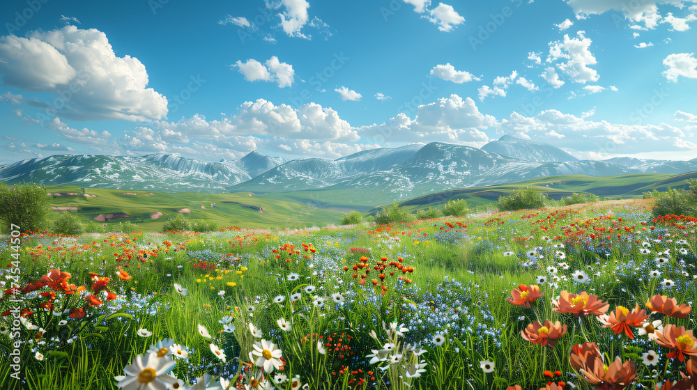image of a spring landscape with lush green rolling hills, dotted with colorful wildflowers, under a clear blue sky with fluffy white clouds image of a spring landscape with lush green rolling hills, dotted with colorful wildflowers, under a clear blue sky with fluffy white clouds