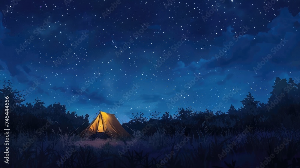 A tent glows under a night sky full of stars. - obrazy, fototapety, plakaty 