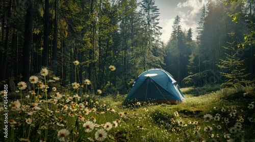 Tourist tent in forest camp among meadow