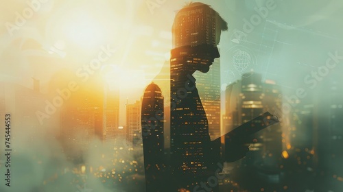 Young european businessman with document in hand drawing abstract business chart on city background with copy space. Finance concept. Double exposure photo