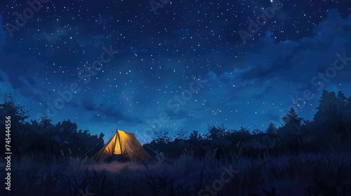A tent glows under a night sky full of stars.