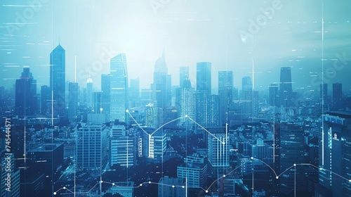 Abstract graphs and statistics in a modern city sky. Skyscrapers, panoramic view. Concept of trading and financial markets. Mock up toned image double exposure