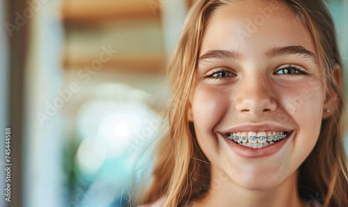 A smiling girl teenager with braces mouth, close up photo
