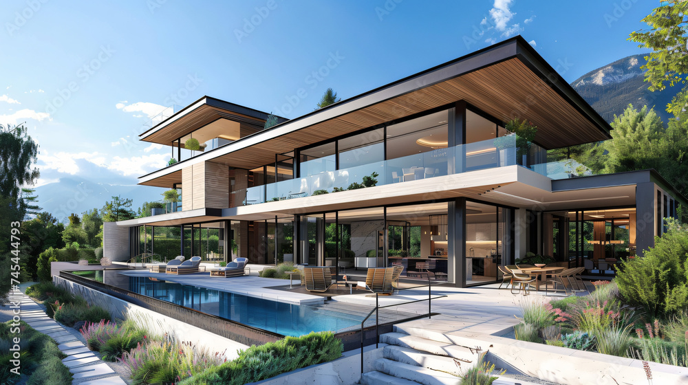 photo-realistic image of a luxurious modern home with a grand entrance and expansive glass walls, offering stunning views of a mountain landscape