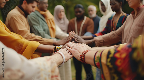 Um grupo diversificado unido em círculo celebrando a união de culturas e religiões em meio à natureza tranquila photo