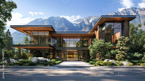 photo-realistic image of a luxurious modern home with a grand entrance and expansive glass walls, offering stunning views of a mountain landscape © Trevor