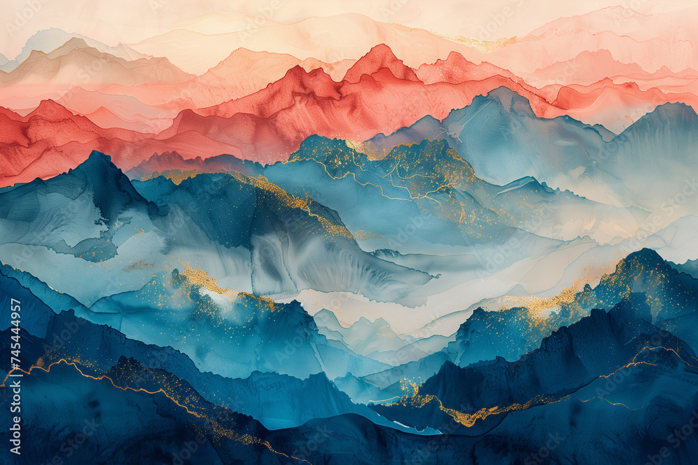freehand brushwork of liquid light blue and salmon color and gold mountains (4)