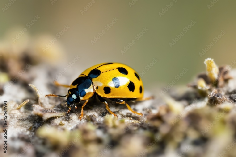a high quality stock photograph of a single yellow ladybug close up full body isolated on a nature background