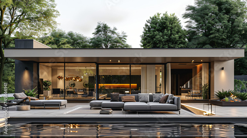 image of a sleek, modern home with floor-to-ceiling windows, showcasing an open-concept living space and a minimalist design
