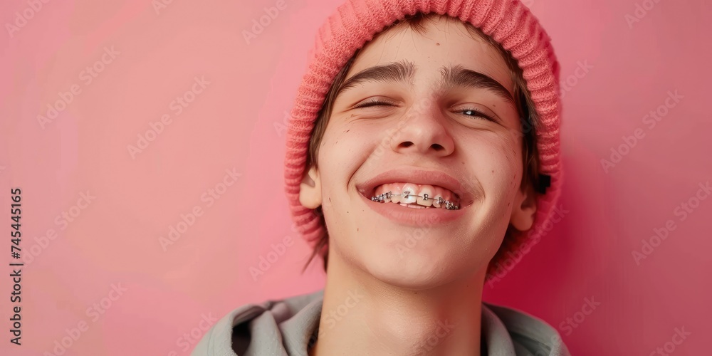 A smiling teenager with braces mouth, close up A smiling teenager with braces mouth, close up