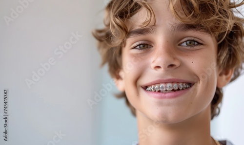 A smiling teenager with braces mouth, close up photo