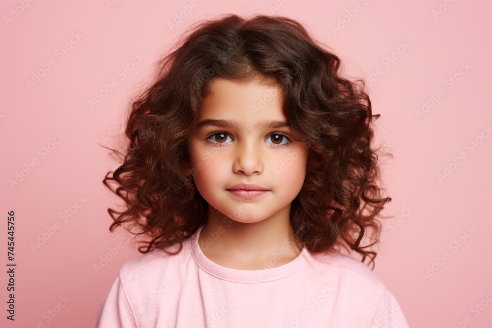Portrait of a cute little girl with curly hair looking at camera, isolated over pink background Portrait of a cute little girl with curly hair looking at camera, isolated over pink background