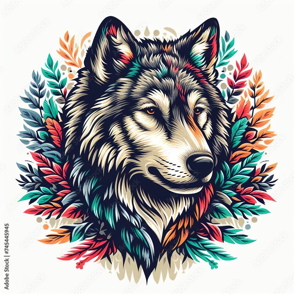 Fototapeta Wolf head with floral ornament. Vector illustration for t-shirt print design.   