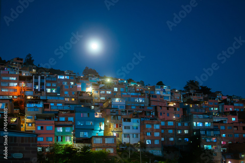 Usaquen locality, Bogota, Colombia, August 29,2023. La Mariposa ("The Butterfly) neighborhood. Bogota night view with a beautiful moonlight landscape. © jesús
