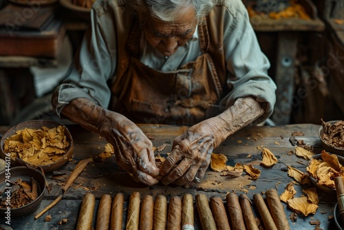 Senior artisan with skilled hands creating handmade cigars in a rustic workshop © bluebeat76