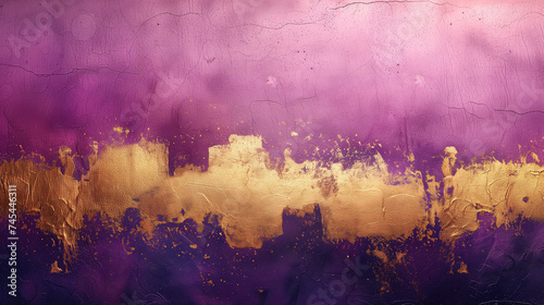 Purple and gold texture background design. Purple and gold rough painted wall surface. Raster bitmap digital illustration. AI artwork.