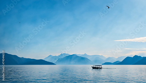 the view of the blue sky and the vast ocean as well as the big mountains behind it and the small boat