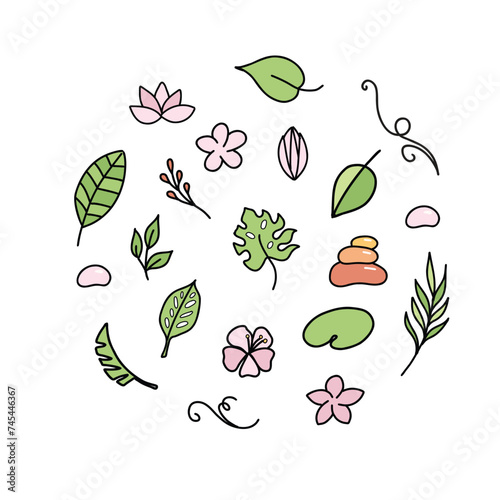 Simple hand drawn tropical colored floral vector design elements in doodle style. Set of leaves, flowers, branches and stones. For pattern, logo or decoration.