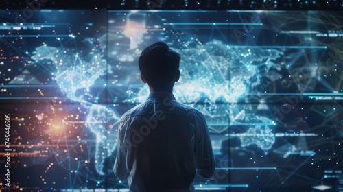 Digital analytics data visualization. Person standing in front of holographic displays. Big data. Network connection. Artificial intelligence technology. Digital tech. 