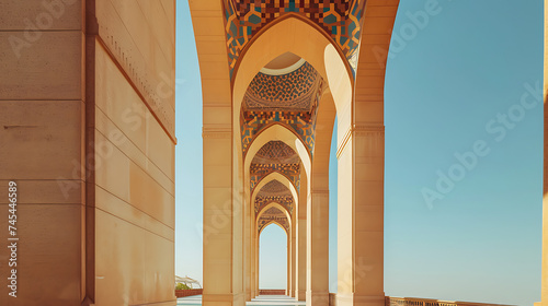 Mesquita deslumbrante detalhes arquitetônicos contra o céu azul em um meio de tiro com lente de 50 mm