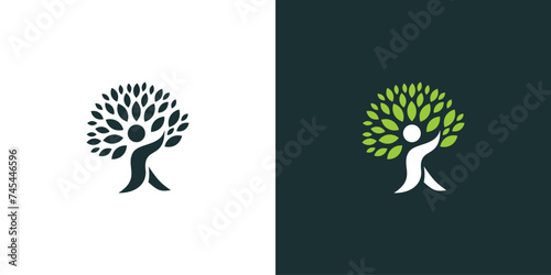 Vector green tree man logo, human ecology tree logo. human tree logo on white and dark background