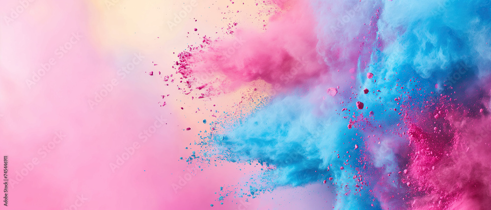 Holi festival background with colorful powder splash, wide pink banner with copy space - obrazy, fototapety, plakaty 