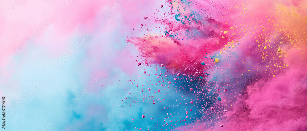 Obraz premium Holi festival background with colorful powder splash, wide pink banner with copy space
