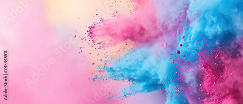 Holi festival background with colorful powder splash, wide pink banner with copy space