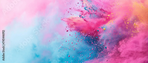 Holi festival background with colorful powder splash, wide pink banner with copy space photo