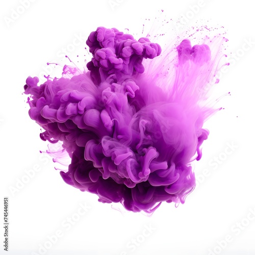 Violet explosive smoke cloud isolated on white background, paint splashes element for design, Explosion powder