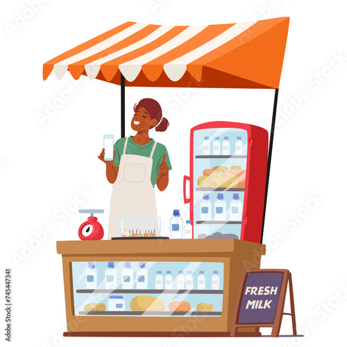 Female Farmer Character Stands Proudly Behind A Stall, Arrayed With Fresh Dairy Products, Milk, Cheese, Butter, Yogurt