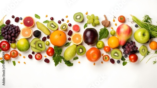 Top view of healthy food, fruits, vegetables isolated on white background.