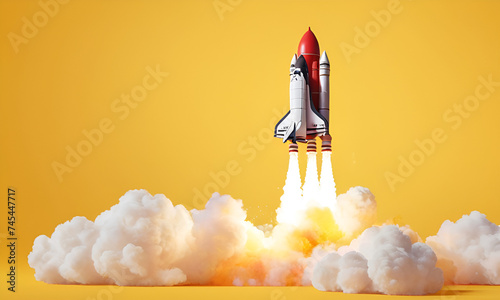 Rocket launching on yellow background, New Project, Start-up