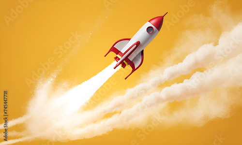 Rocket launching on yellow background, New Project, Start-up
