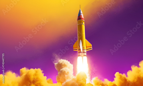 Rocket launching on yellow background, New Project, Start-up