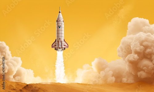 Rocket launching on yellow background, New Project, Start-up