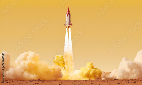 Rocket launching on yellow background, New Project, Start-up
