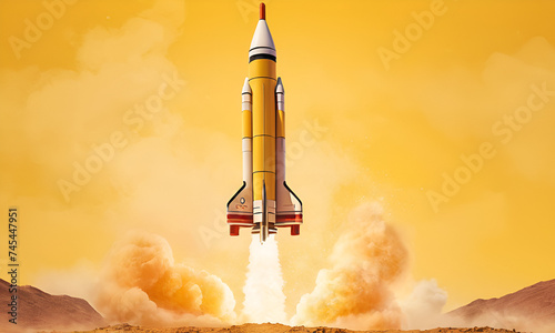 Rocket launching on yellow background, New Project, Start-up