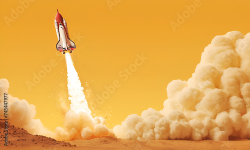 Rocket launching on yellow background, New Project, Start-up