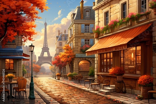 Charming Streets of Paris on a Beautiful Autumn Day, with the Eiffel Tower Standing Tall in the Background, Creating a Perfect Blend of Romance and Timelessness.
