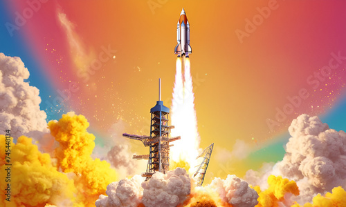 Rocket launching on yellow background, New Project, Start-up