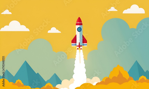 Rocket launching on yellow background, New Project, Start-up