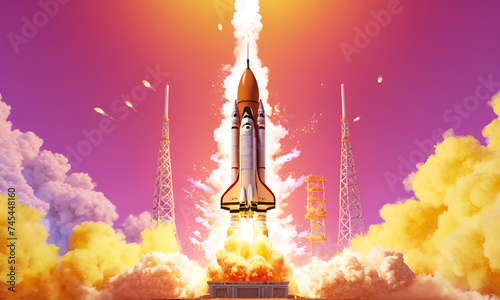 Rocket launching on yellow background, New Project, Start-up