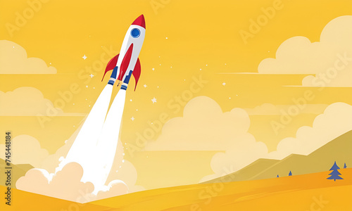 Rocket launching on yellow background, New Project, Start-up