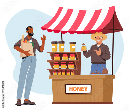Farmer Character, Smiling Warmly, Showcases Jars Of Golden Honey At His Bustling Market Stall, Engaging With Customers